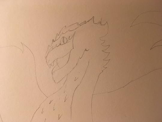 Upper body dragon in pencil with a weird face with lots of points on it