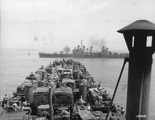 Light cruiser USS Boise firing on armored forces near Gela, Sicily as USS LST-325 approaches landing beaches, 11 Jul 1943 (US National Archives)