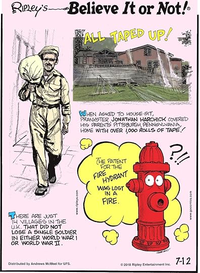 When asked to house-sit, prankster Jonathan Harchick covered his parents' Pittsburgh, Pennsylvania, home with over 1,000 rolls of tape!-------------------- There are just 14 villages in the U.K. that did not lose a single soldier in either World War I or World War II.-------------------- The patent for the fire hydrant was lost in a fire.