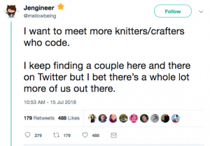 tweet from @mellowbeing looking for knitting/crafters who code