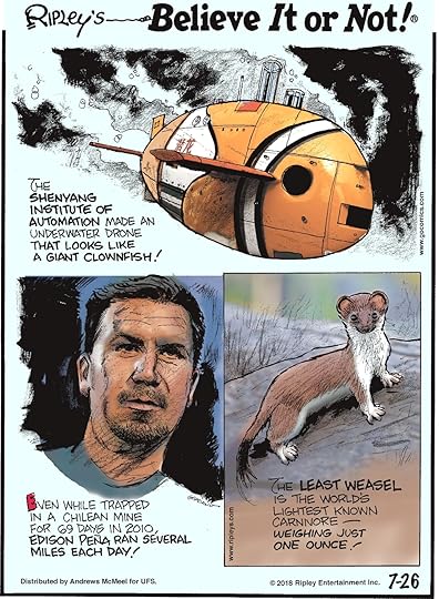 The Shenyang Institute of Automation made an underwater drone that looks like a giant clownfish!-------------------- Even while trapped in a Chilean mine for 69 days in 2010, Edison Pena ran several miles each day!-------------------- The least weasel is the world's lightest known carnivore - weighing just one ounce!