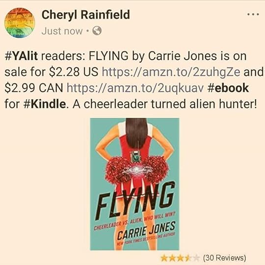 #YAlit readers: FLYING by @carriejonesbooks is on sale for $2.28 US https://amzn.to/2zuhgZe and $2.99 CAN https://amzn.to/2uqkuav #ebook for #Kindle. A cheerleader turned alien hunter!<br />.<br />.<br />.<br />#carriejones #YAbooks #bookstagram #bookrecs #bookrecommendations