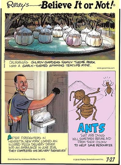 California's Gilroy Gardens Family Theme Park has a garlic-themed spinning teacups ride.-------------------- After firefighters in Henrietta, New York, loaded an injured pizza delivery driver into an ambulance in June 2018, they completed his delivery themselves!-------------------- Ants that are dying will sometimes refuse aid from their colony to help save resources.