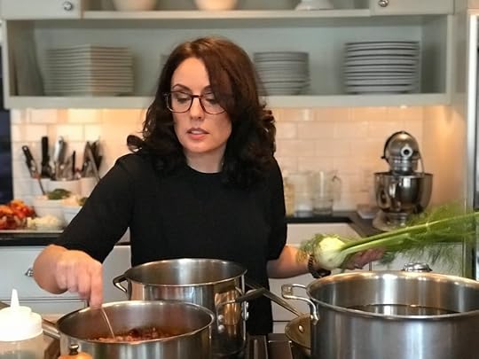 Image of: Tracey Medeiros Here I am creating a rich Smokey Lamb Bolognese in their beautiful commercial kitchen. The recipe can be found on page 239 in The Vermont Non-GMO Cookbook . 