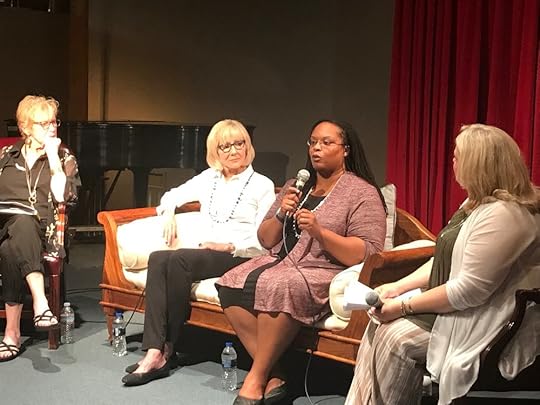 (l.to r.) Rickey Gard Diamond, author of Screwnomics; Linda Gartz, author of Redlined, Elizabeth McCree, Benton Harbor, Michigan attorney, and Kim Jorgensen Gane, St. Joseph, Michigan realtor, discuss the real life results of economic policies with an audience at The Box Factory in St. Joseph, July 31, 2018. Ami Hendrickson (not pictured) co-hosted the event, and reported on it at MuseInks. 