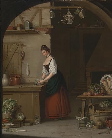 john atkinson girl bundling asparagus in a kitchen