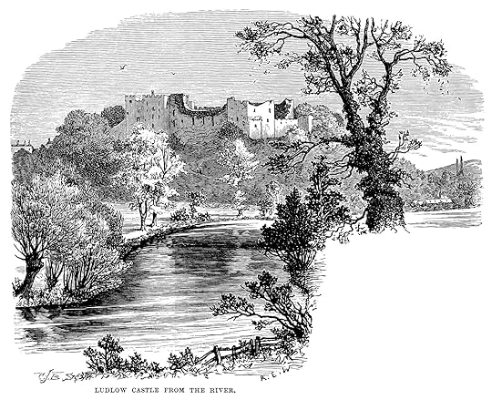 Ludlow Castle seen from the river. Ludlow Castle is a large ruined fortification beside the River Teme which was built in the 11th century and has later additions. From “Our Own Country: Descriptive, Historical, Pictorial” published by Cassell & Co Ltd, 1885.