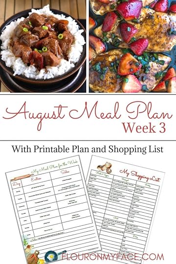 Flour On My Face Weekly Meal Plan 8 for August week 2 with printable meal plan and shopping list. Optional free blank meal planning template included.