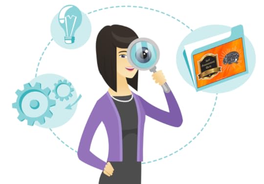 woman with magnifier, quiz folder, gear, and lightbulb icons