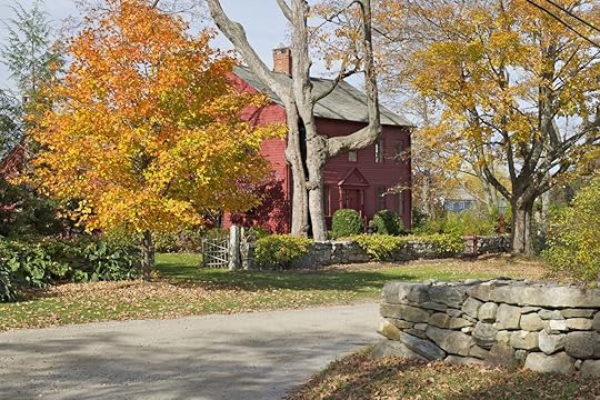 Red cottage in Connecticut countryside during foliage season