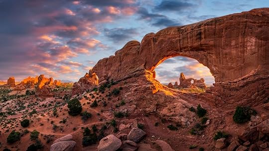 Evening light over North Window with Turret Arch in the distance, Arches National Park Utah