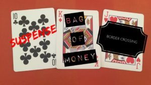 Photo of three playing cards and the words 
