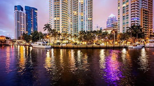 Fort Lauderdale skyline at night along New River