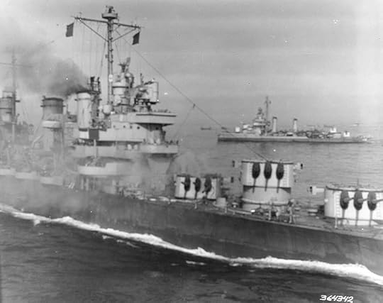 Light cruiser USS Savannah immediately after being hit by German FX-1400 bomb in Salerno Bay, Italy, 11 September 1943 (US National Archives)