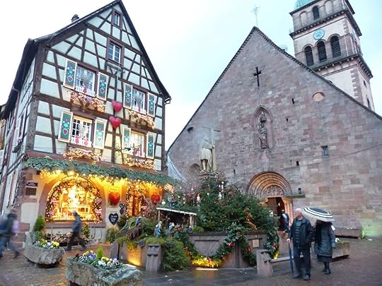 Buildings with Christmas decorations in Kaysersberg, France