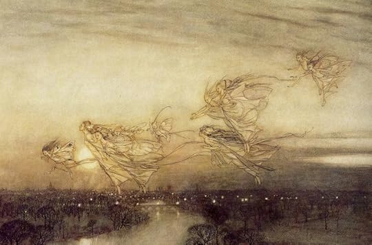 Fairies over the city at twilight by Arthur Rackham
