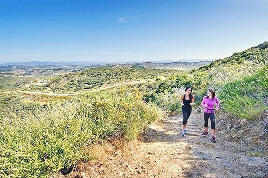 hikers on a dirt mountain path surrounded by greenery
