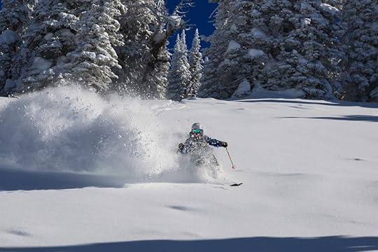 Skier flying down fresh powder