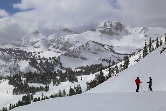 Skiers on a snowy mountain in Wyoming