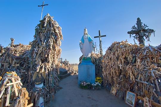 Inside the Hill of Crosses pilgramage site in Lithuania