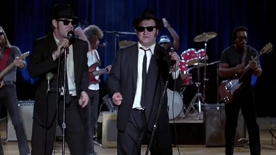 Blues Brothers shot of band singing