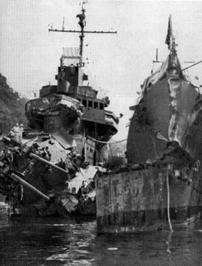 Destroyers USS Selfridge (bow shot off) and USS O’Bannon at New Caledonia for repairs after Battle of Vella Lavella (US Navy photo)
