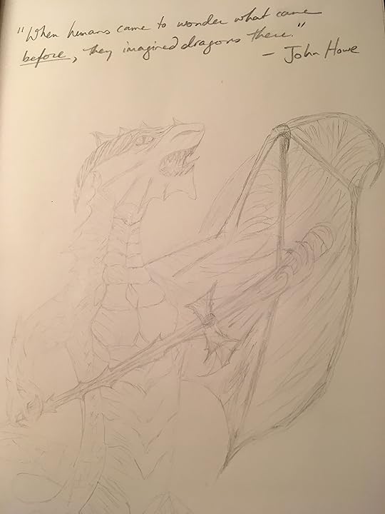 Dragon holding a sword drawn and pencil one wing missing