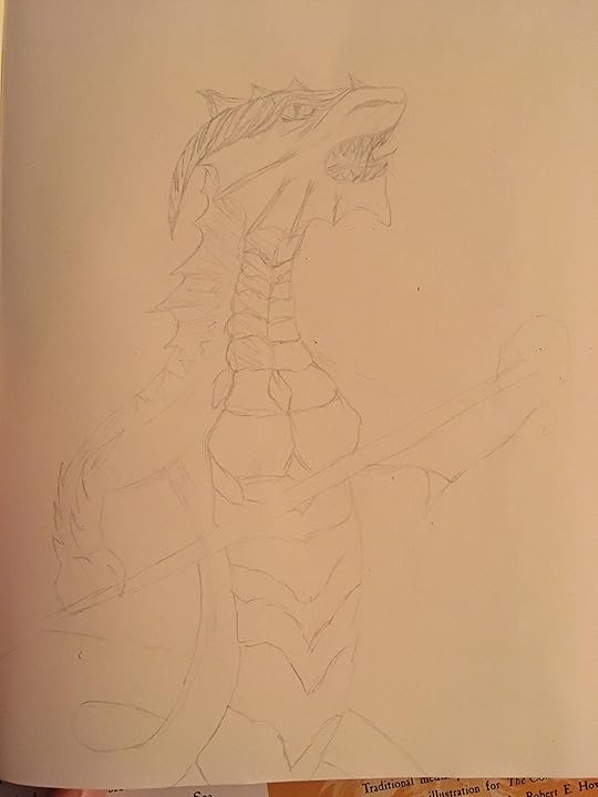 Upper torso dragon sketch holding ?