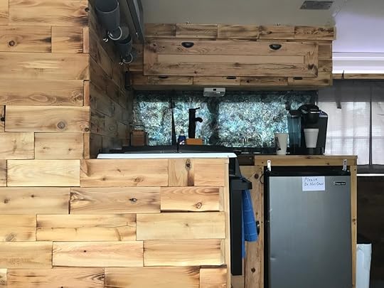 Inside the bus, the kitchen area