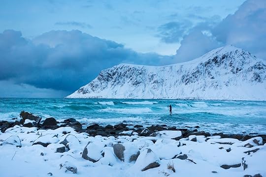 Surfing are training on the beach of the Lofoten Islands Skagsanden