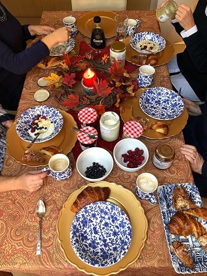  A yummy breakfast recently in my home—fresh, homemade yoghurt from my little organic grocer, almonds, blueberries, strawberries, a little honey and croissants. Of course coffee and tea to top it all off! 