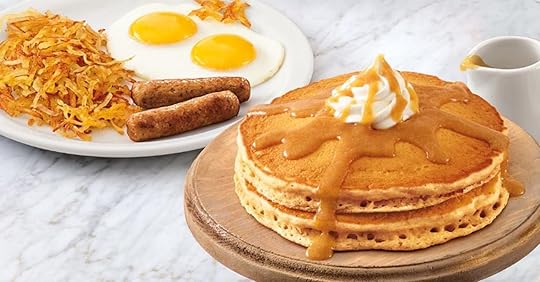 Pancakes, eggs, sausages, and hash browns from Denny's