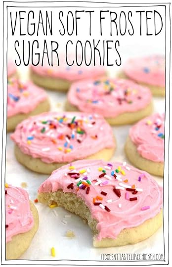 Vegan Soft Frosted Sugar Cookies: pillowy soft, cakey, frosted cookies- they are almost like the top of a cupcake that got smushed into a cookie complete with frosting and sprinkles! Decorate them for any occasion, birthdays, Christmas, Halloween, Thanksgiving, Valentine's day, weddings, baby showers. Egg free, dairy free, and pretty easy to make! #itdoesnttastelikechicken #veganrecipes #vegandesserts #vegancookies
