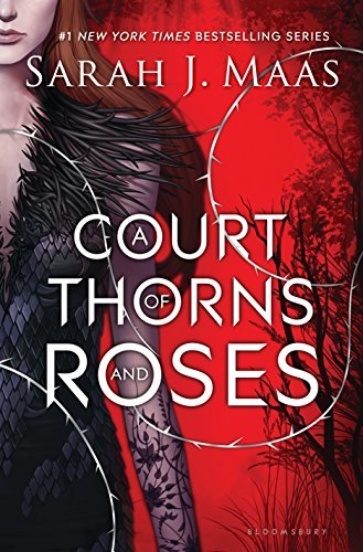 The cover of ACOTAR features a red back ground with a thorny silver vine winding through the foreground. To the left, a girl is half-cut off the edge of the image. She's wearing a black gown with feather and lace embellishments.