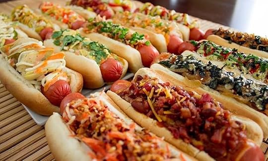 Row of loaded hotdogs from the Ponce City Market food hall