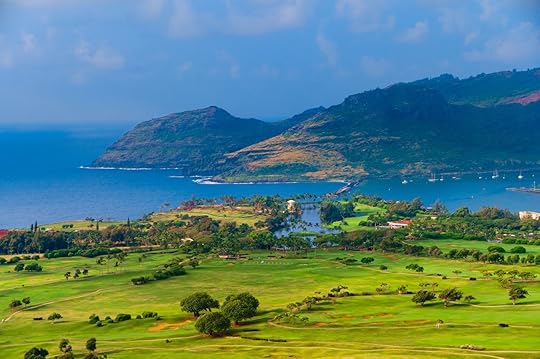Panoramic aerial view of Nawiliwili Harbor and the Kauai Lagoons Golf Course on Kauai, Hawaii