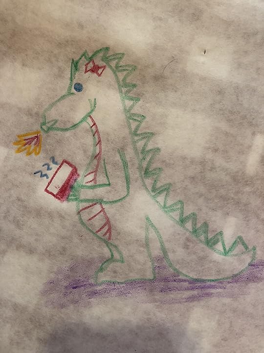 Dragon in green with a little bow and firing a crème brûlée