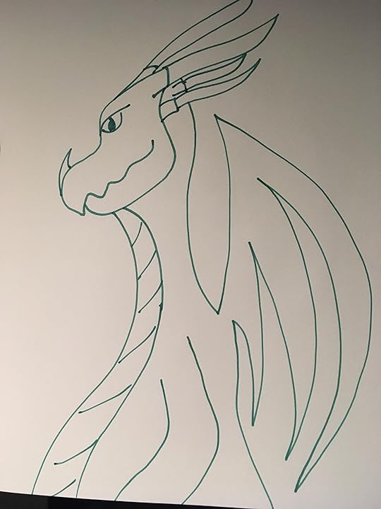 Weird dragon in green with wings and a face that looks like a mask