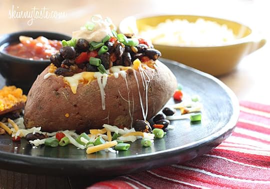 Loaded Vegetarian Baked Sweet Potato are Mexican-inspired, loaded with zesty black beans, melted cheese, salsa with a dollop of cream. What can be better than a 20 minute meal!