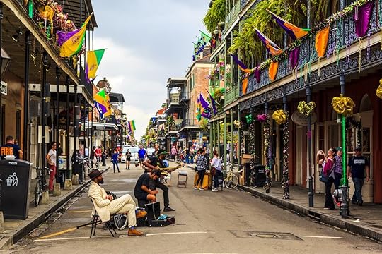 New Orleans musicians playing on decorated street