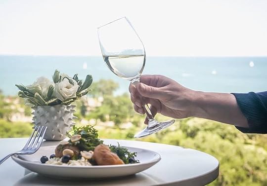 Fine dining and glass of wine overlooking the chicago river