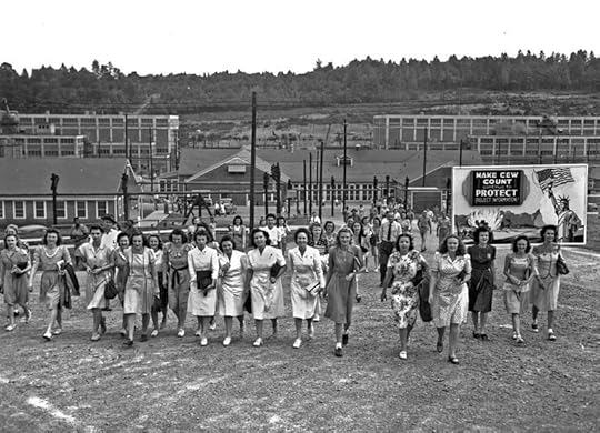 Shift change at the Y-12 uranium enrichment facility in Oak Ridge, Tennessee, during the Manhattan Project, 1945 (US Army photo)