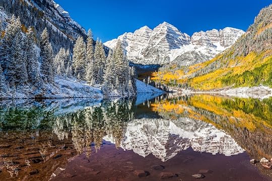 winter and fall foliage at Maroon Bells, Aspen, Colorado