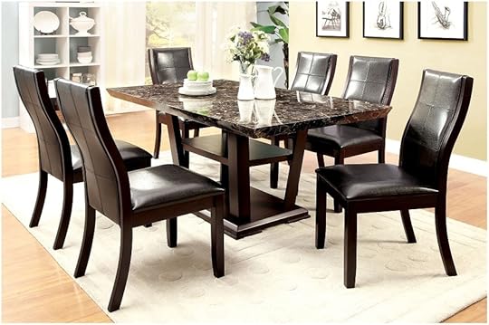 Modern Faux Marble top Dark Cherry Finish 7 Pc Dining Faux Marble Kitchen Table Set