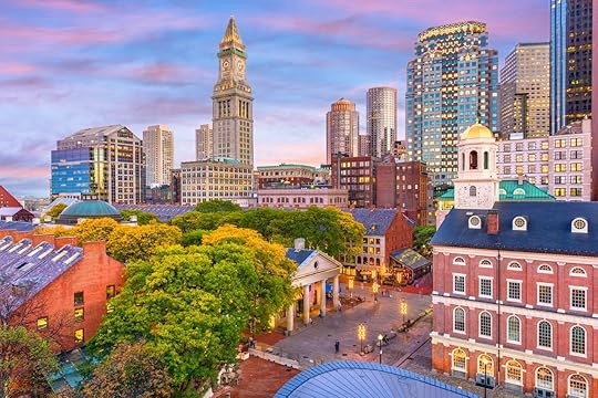 Boston skyline with Faneuil Hall and Quincy Market at dusk