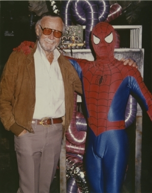 Stan Le e standing with Spider-Man (1994)