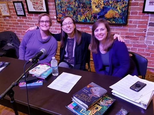 Image may contain: 3 people, including Caroline Akervik and Julie Bowe, people smiling, people sitting and indoor