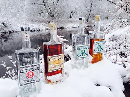 Prohibition Distillery liquor bottles in the snow