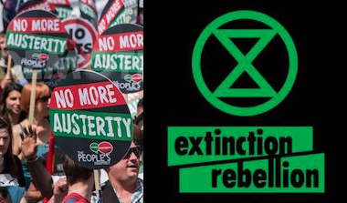 Anti-austerity protesters, and the Extinction Rebellion logo.