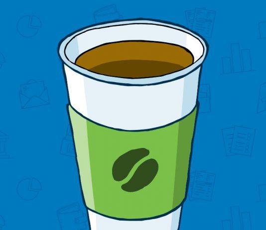 A white coffee cup is seen on a blue background